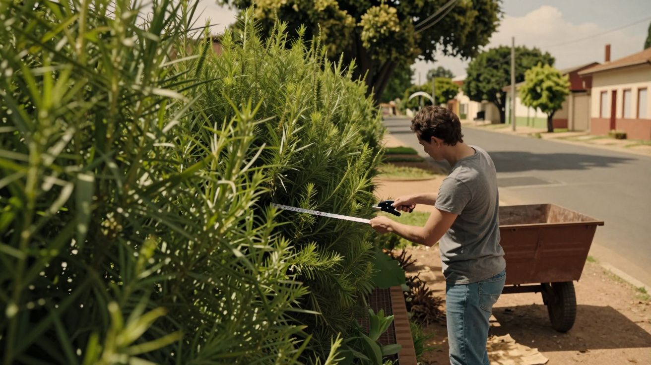 Homem a podar sebes verdes ao lado de um carrinho de mão numa rua tranquila.