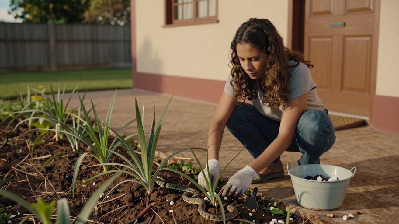 Mulher de luvas planta mudas em canteiro de jardim, junto a uma casa, com um balde ao lado.
