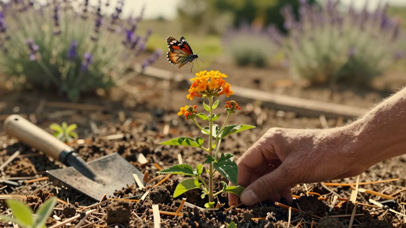 Mão planta flor laranja com borboleta pousada. Solo revolvido e lavanda ao fundo. Ferramenta de jardinagem à esquerda.