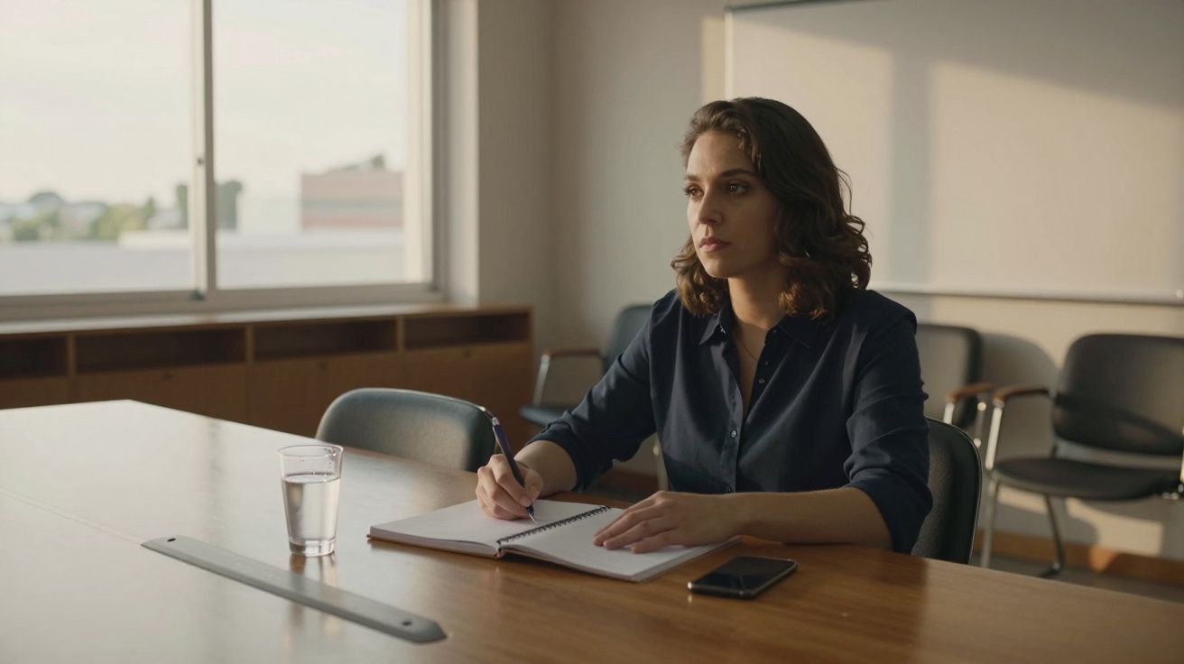 Mulher sentada à mesa de reunião, escrevendo num caderno, com um copo de água e um telemóvel ao lado.