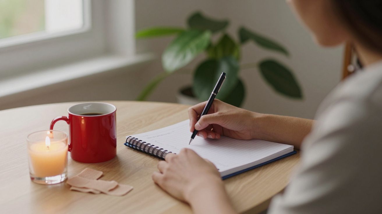 Pessoa escreve num caderno ao lado de uma vela acesa e uma caneca vermelha numa mesa de madeira perto de uma janela.