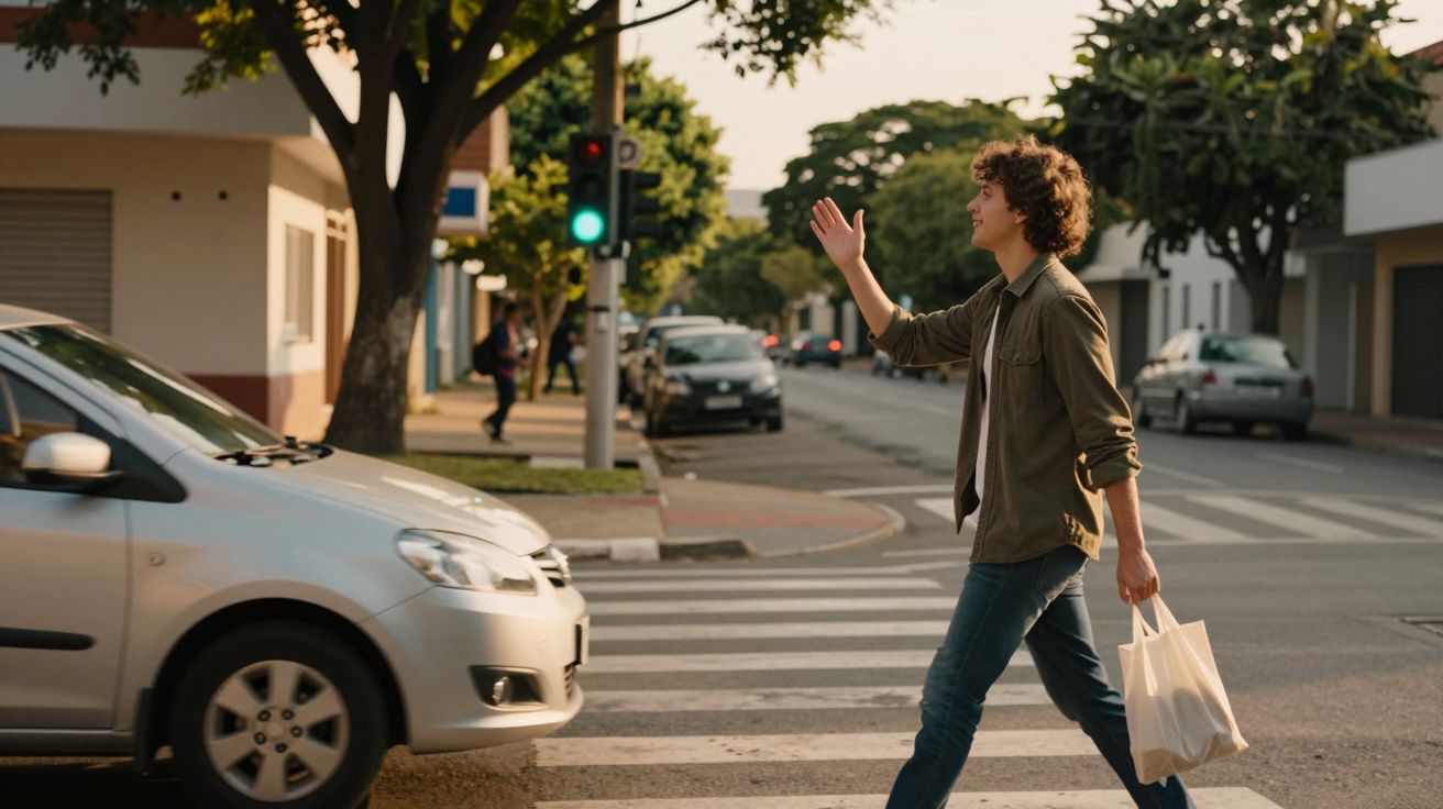 Pessoa acena enquanto atravessa uma passadeira numa rua com semáforo verde, segurando um saco de compras.