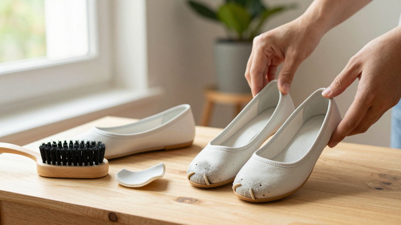 Pessoa a colocar palmilhas em sapatos brancos sobre mesa de madeira, com escova ao lado.