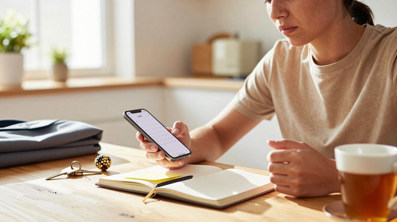 Mulher consulta telemóvel à mesa com caderno aberto e chá, luz natural ao fundo.