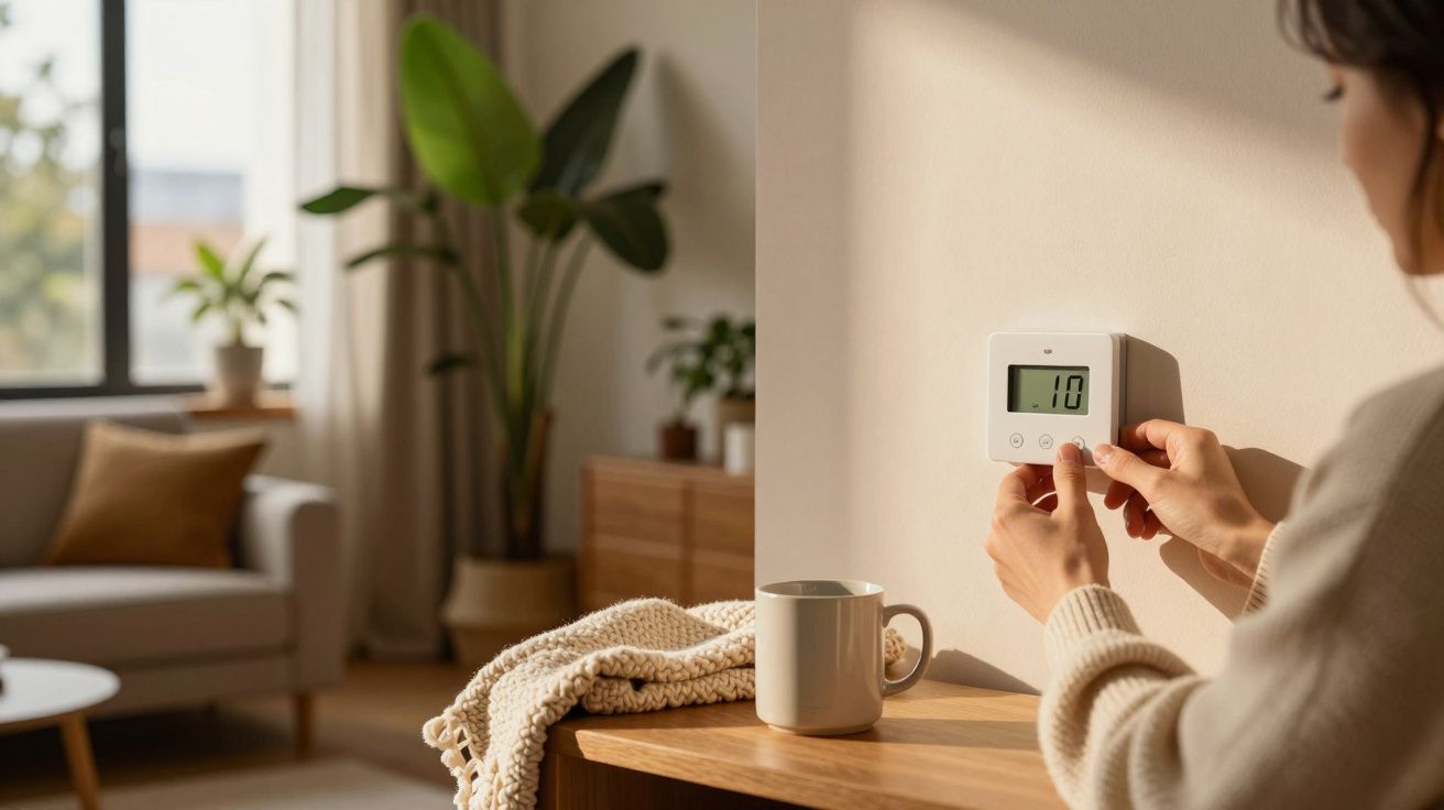 Pessoa ajusta termostato digital numa sala acolhedora com sofá, planta e luz natural.