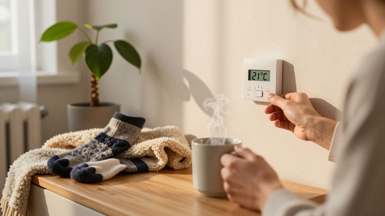 Pessoa ajusta o termóstato na parede para 21°C. Sobre a mesa, meias, manta e chá quente. Planta e janela ao fundo.