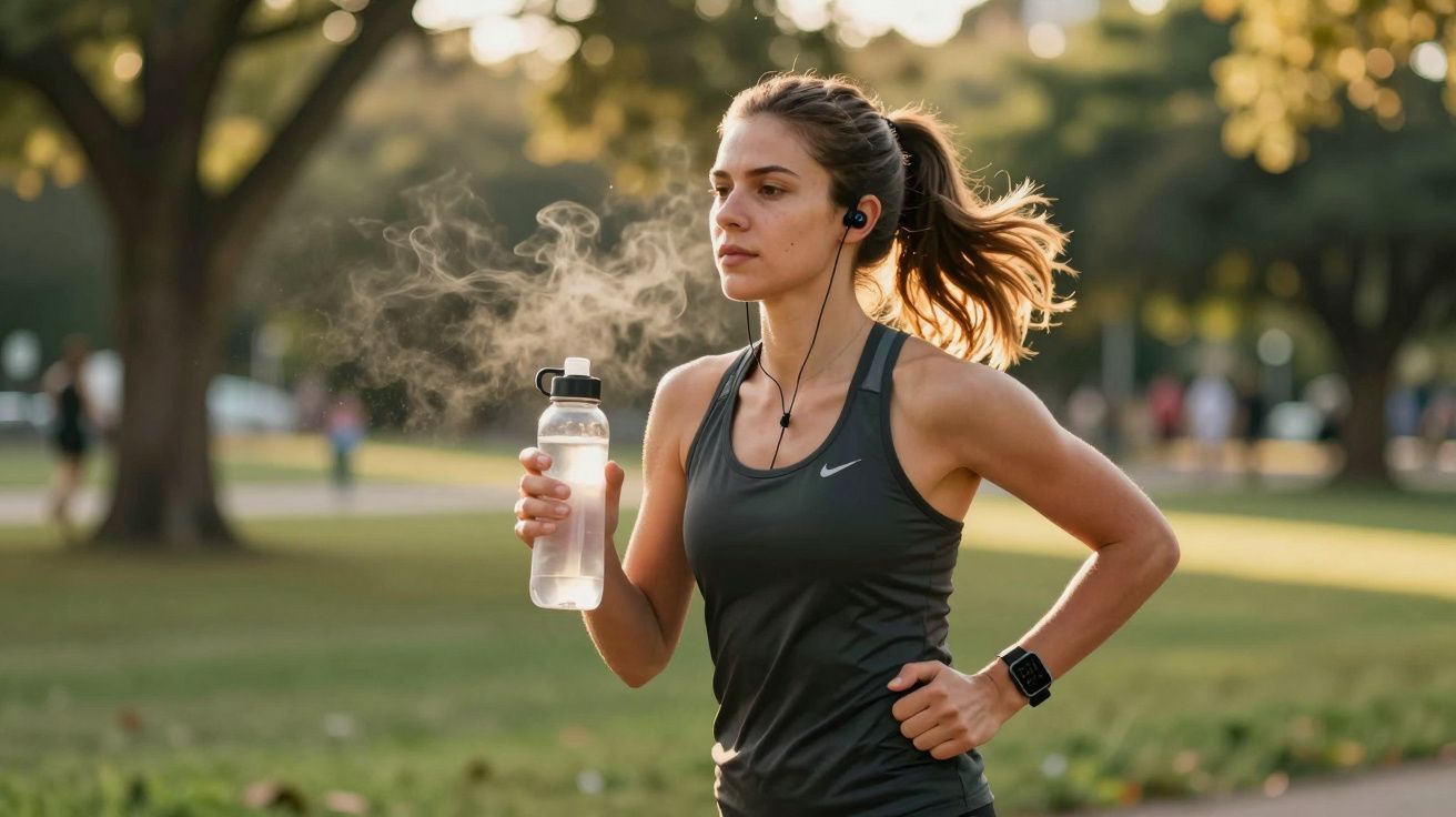 Mulher a correr num parque com auscultadores e garrafa de água, enquanto o cabelo esvoaça e o vapor sai da garrafa.