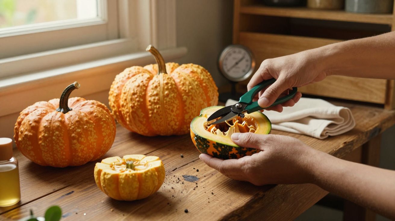 Pessoa corta uma abóbora decorativa pequena numa mesa de madeira, com outras abóboras ao fundo e um relógio.