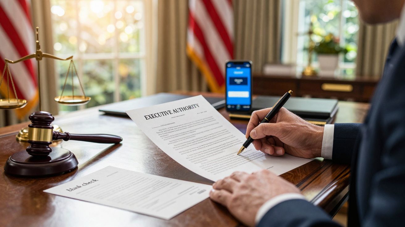 Pessoa assina documento executivo em mesa de escritório presidencial, com bandeiras ao fundo e balança da justiça.