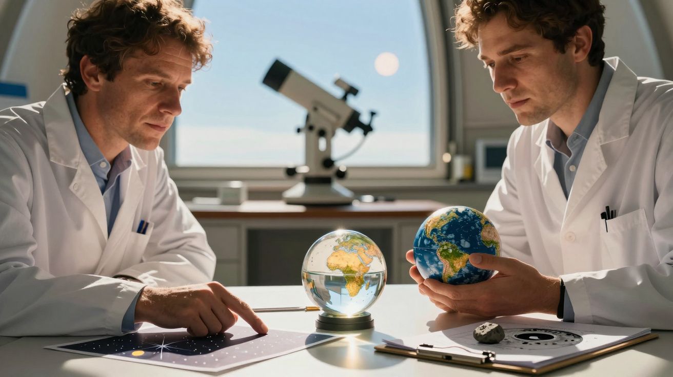 Dois cientistas observam globos terrestres na mesa de um laboratório, com um microscópio ao fundo.