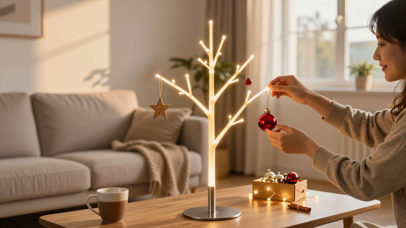 Mulher decora uma pequena árvore iluminada com ornamentos de Natal numa sala moderna e acolhedora.