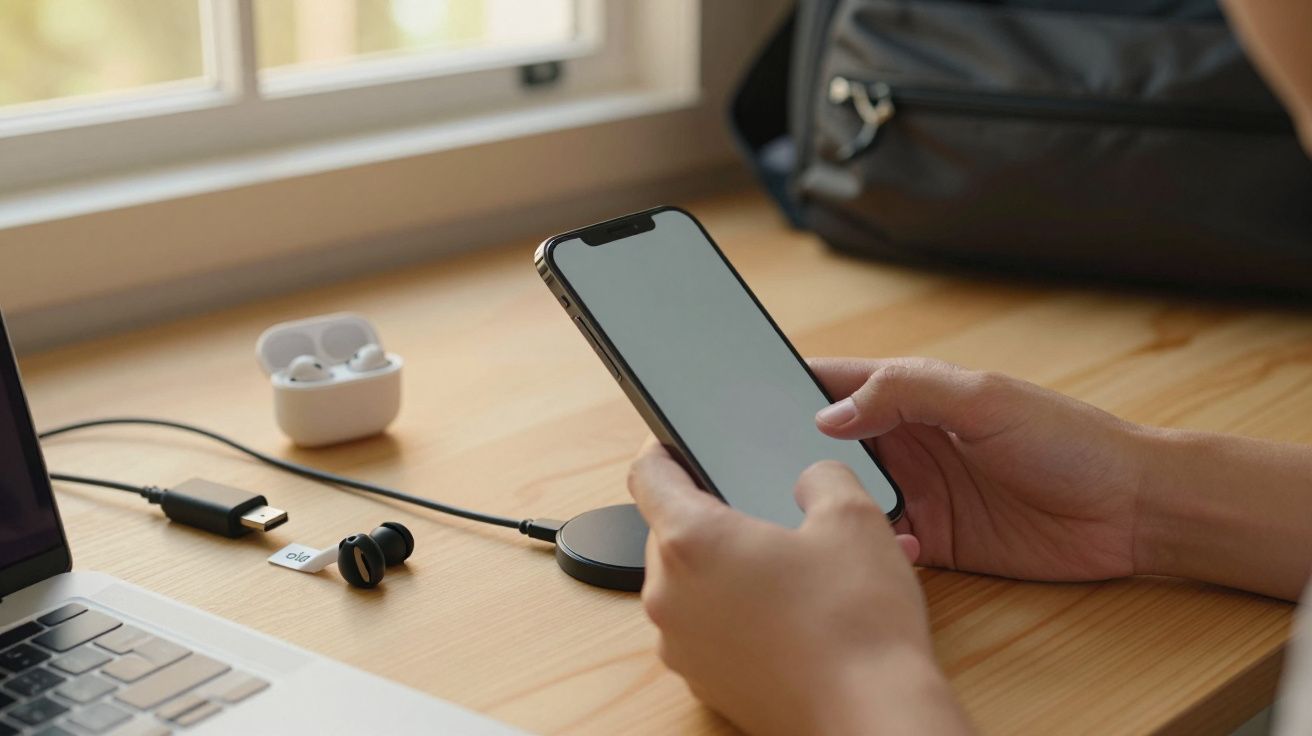 Pessoa segura smartphone ao lado de laptop, auscultadores e mochila numa mesa de madeira.