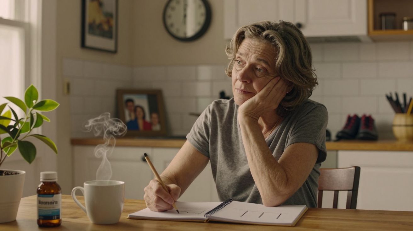 Mulher pensativa à mesa com chávena e caderno, ao lado de planta e frasco de medicamento, numa cozinha iluminada.