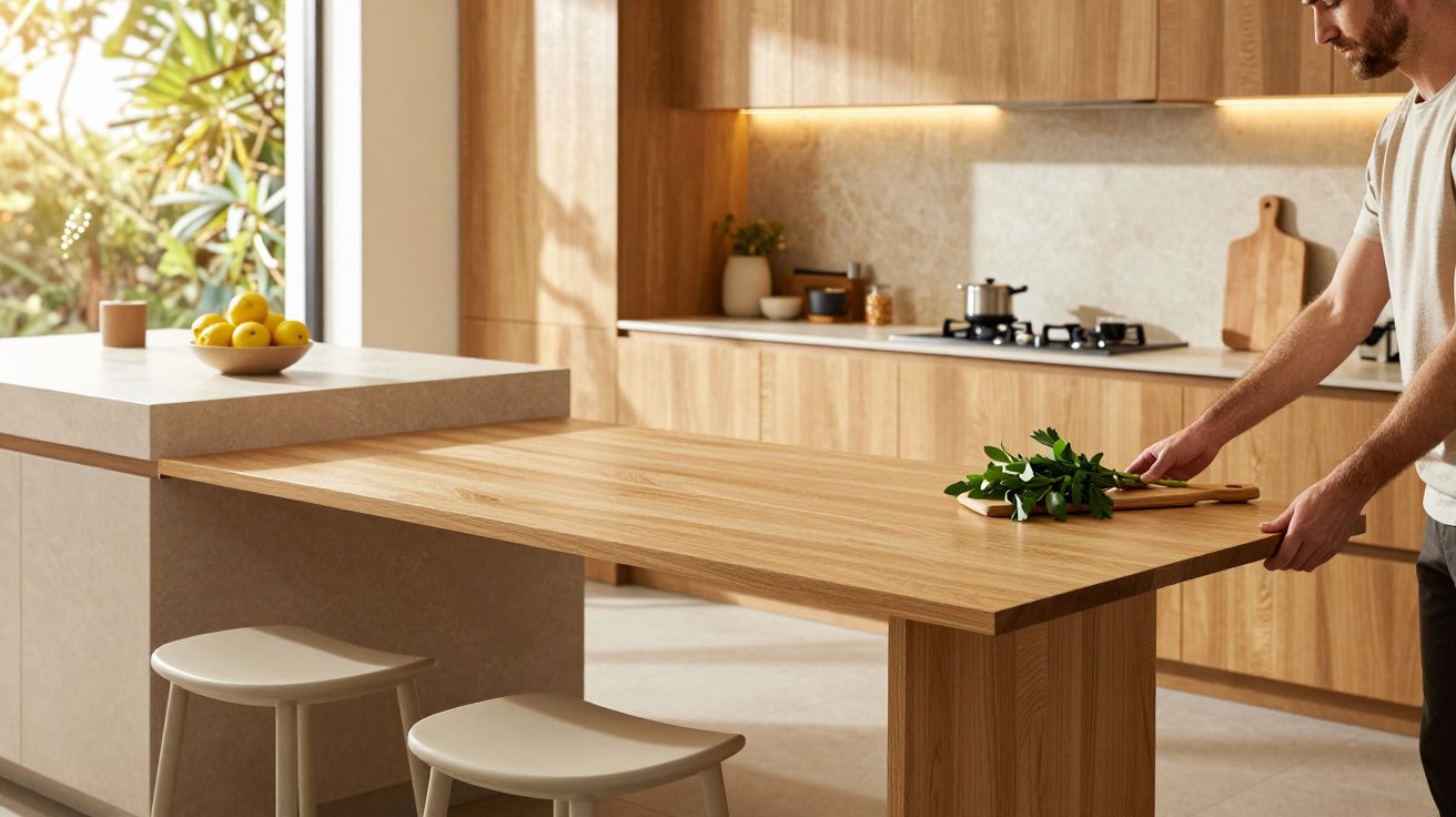 Cozinha moderna com móveis de madeira, bancada com tigela de limões, homem a cortar ervas e luz solar a entrar.