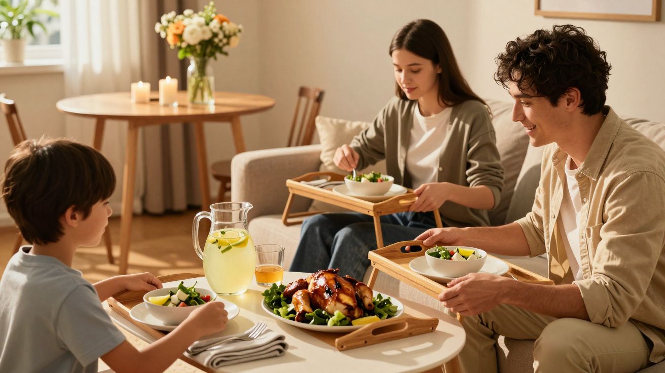 Família à mesa com comida saudável e limonada, sentada na sala de estar iluminada por luz natural e decorada com flores.