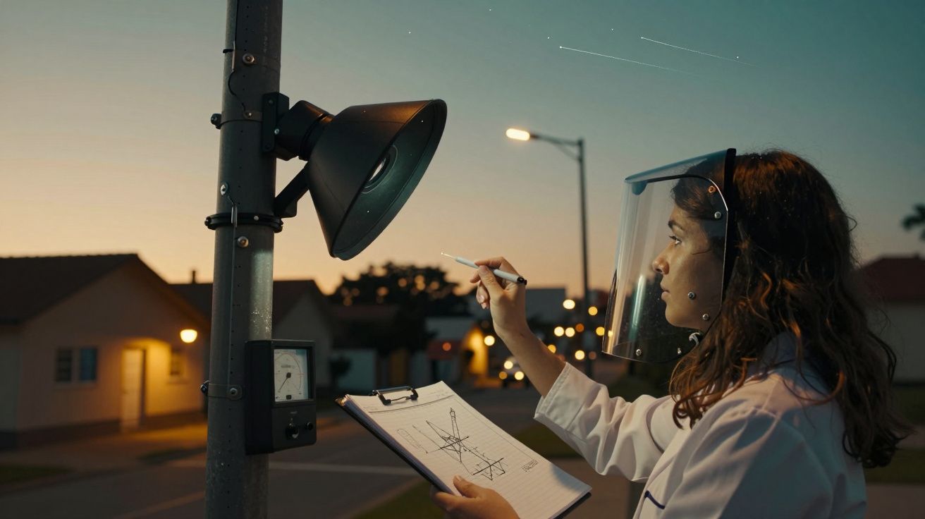 Mulher com viseira analisa poste de luz ao anoitecer, fazendo anotações em prancheta com esboços.
