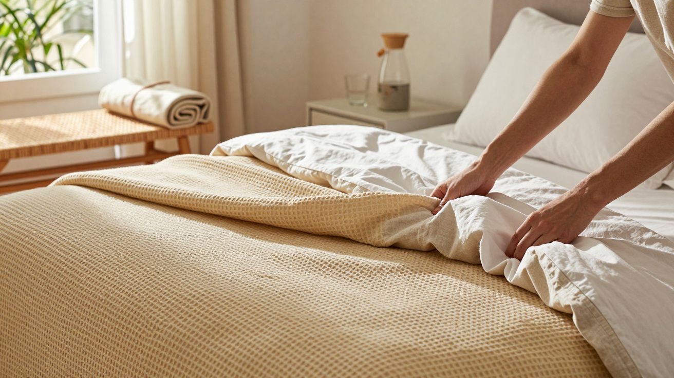 Pessoa a fazer a cama com lençol bege numa divisão iluminada pelo sol.