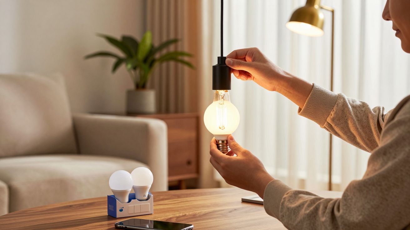 Pessoa a trocar uma lâmpada numa sala com plantas e cortinas ao fundo.