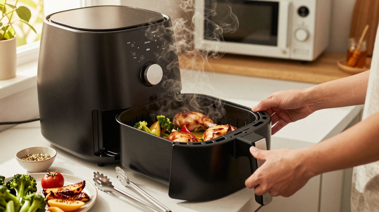 Pessoa abre fritadeira elétrica com frango e vegetais cozinhados, em cozinha moderna com micro-ondas ao fundo.