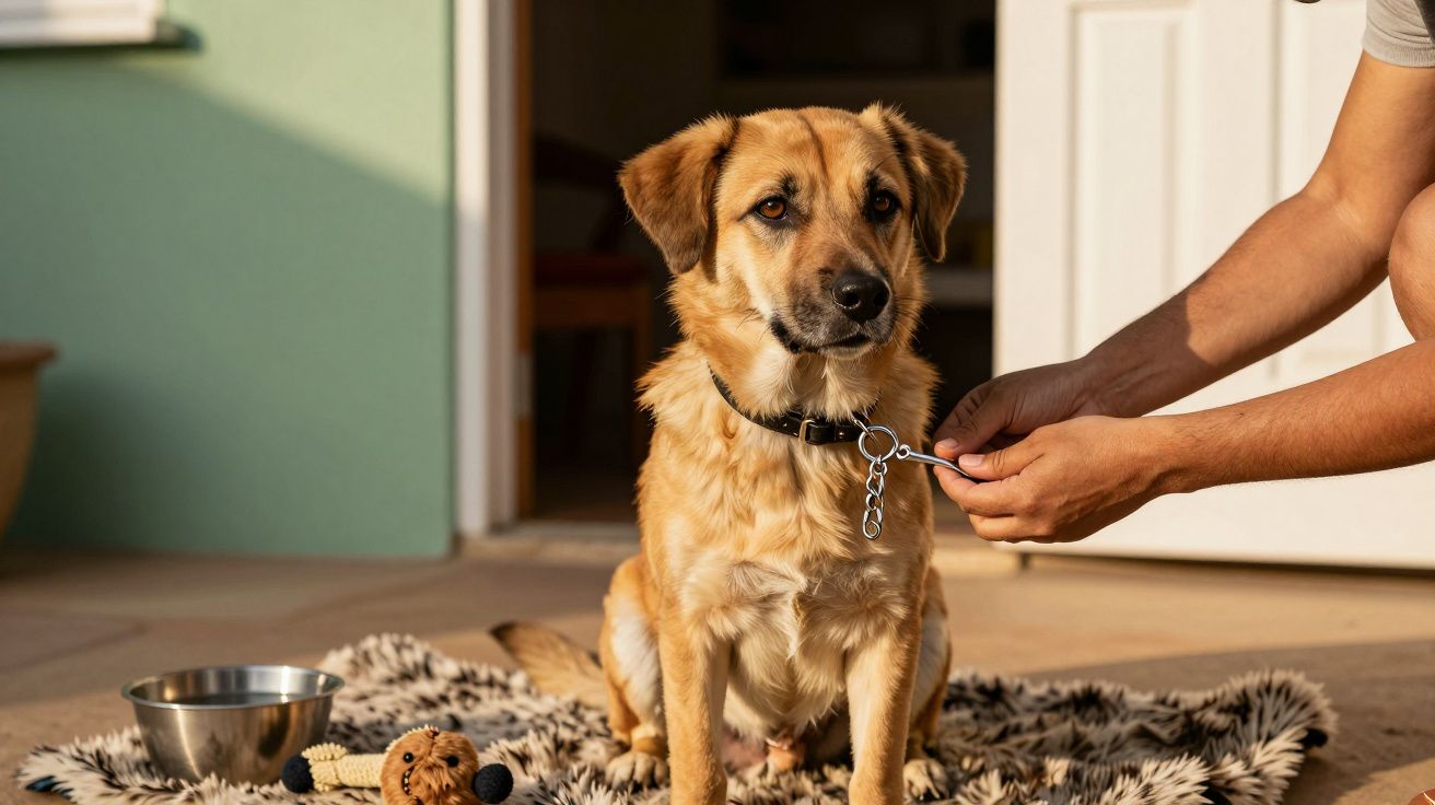 Cão castanho sentado em tapete com brinquedo, sendo preso à coleira por uma pessoa, ao lado de uma tigela vazia.