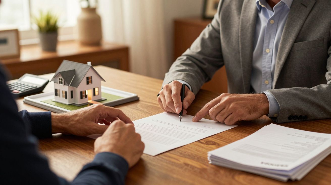 Duas pessoas a assinar contrato imobiliário com miniatura de casa na mesa.