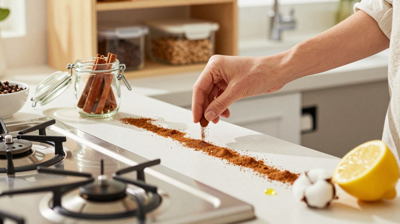 Mão a espalhar canela em pó numa bancada de cozinha, com limão e frasco de especiarias ao fundo.
