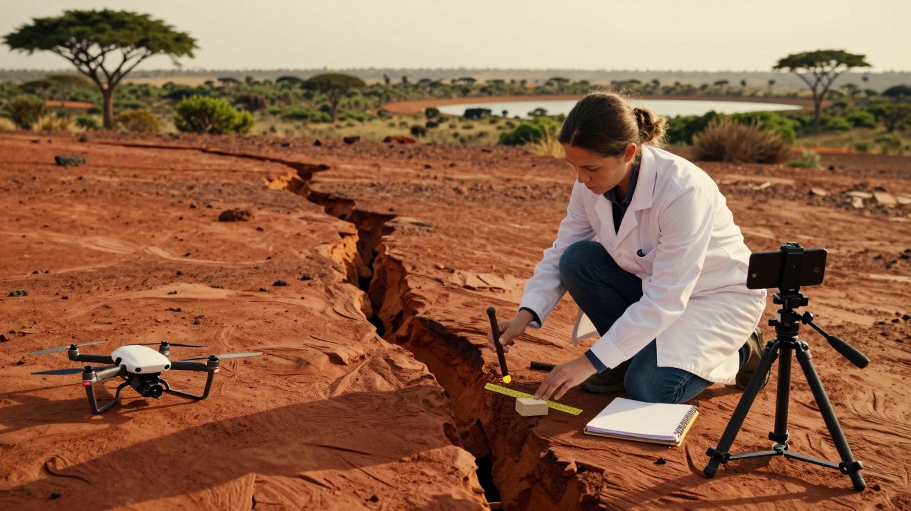 Investigadora de bata branca mede fenda no solo com fita métrica; drone e tripé ao lado em paisagem árida.