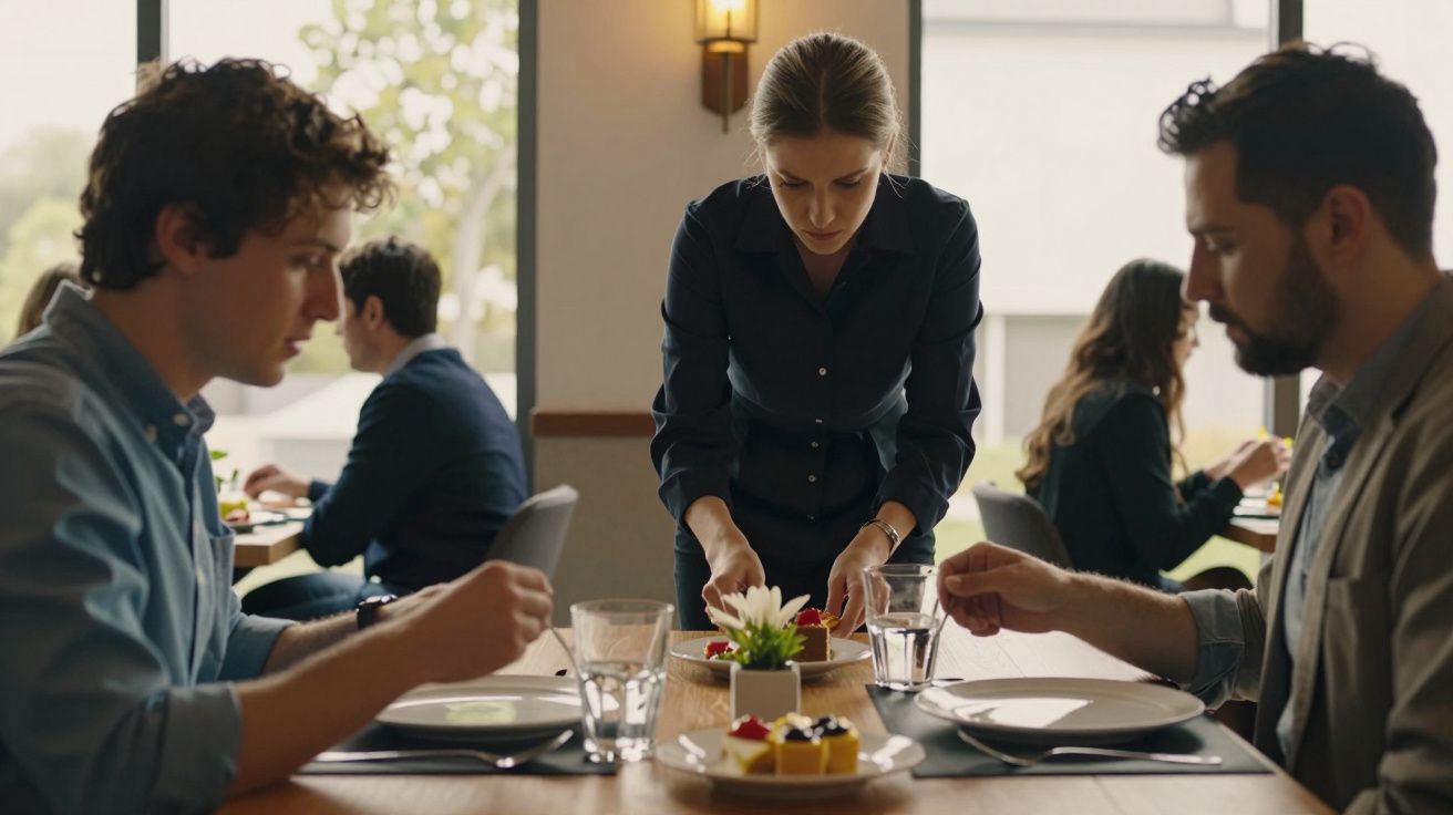 Garçonete serve sobremesas a dois homens numa mesa de restaurante, com pessoas ao fundo.