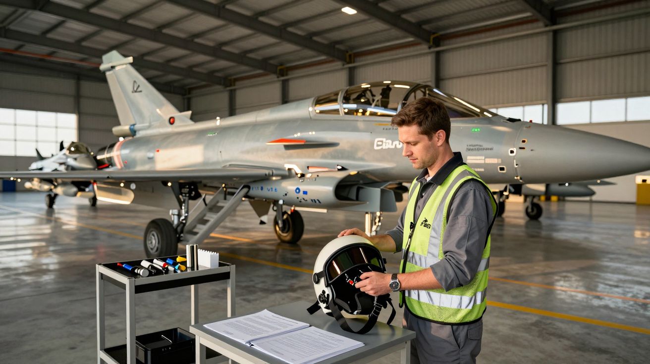 Técnico inspeciona capacete junto a uma aeronave de combate estacionada num hangar iluminado.