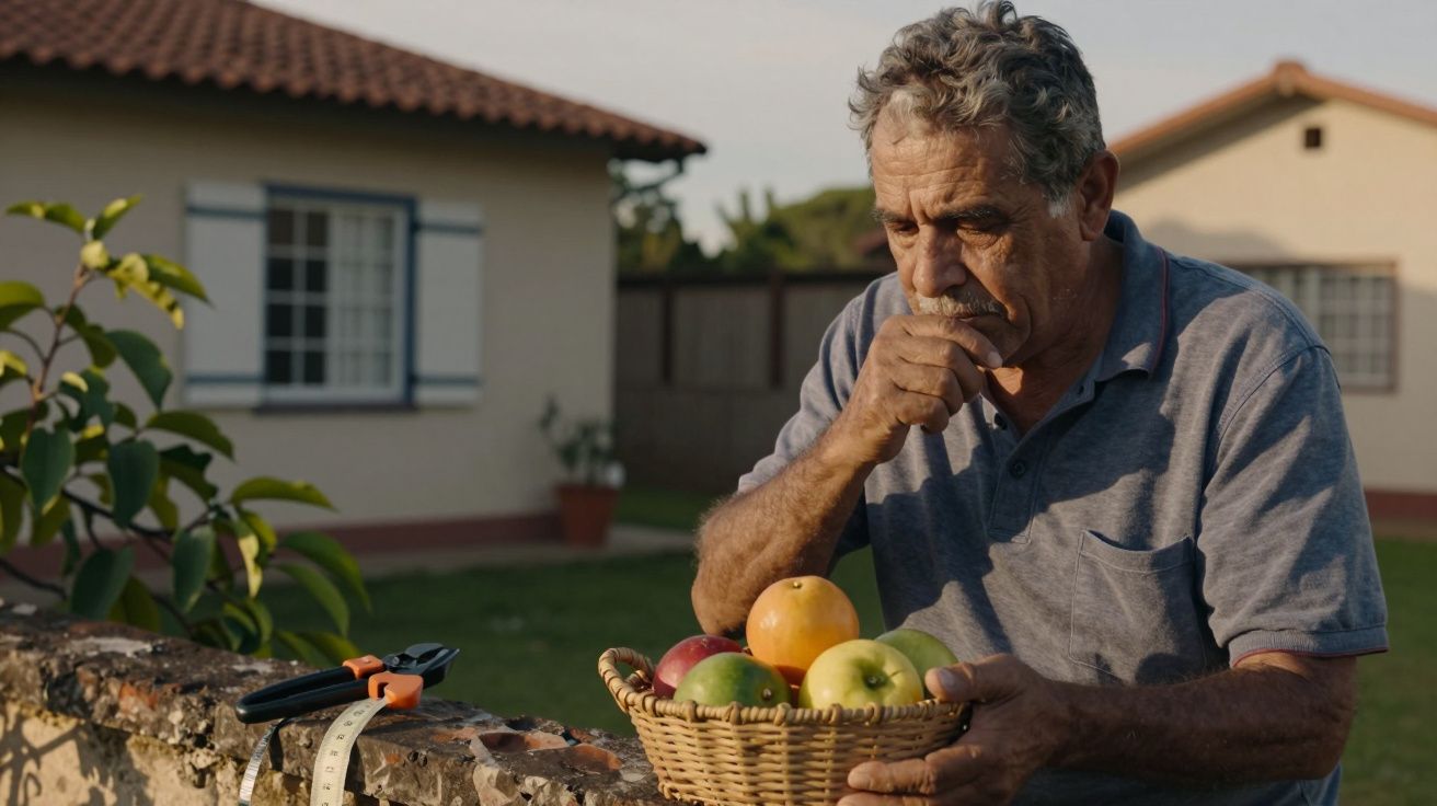Homem pensativo, segurando uma cesta de maçãs, está ao ar livre perto de uma casa com jardim.