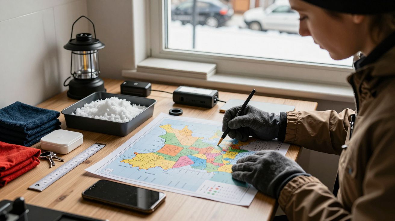 Pessoa de luvas escreve num mapa sobre uma mesa, com lanterna e telemóvel ao lado, perto da janela.