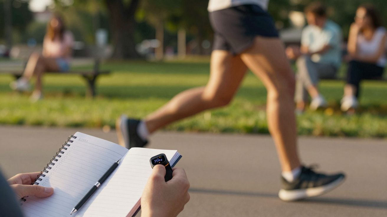 Pessoa com bloco de notas e smartwatch num parque, corredor a passar e pessoas sentadas ao fundo.