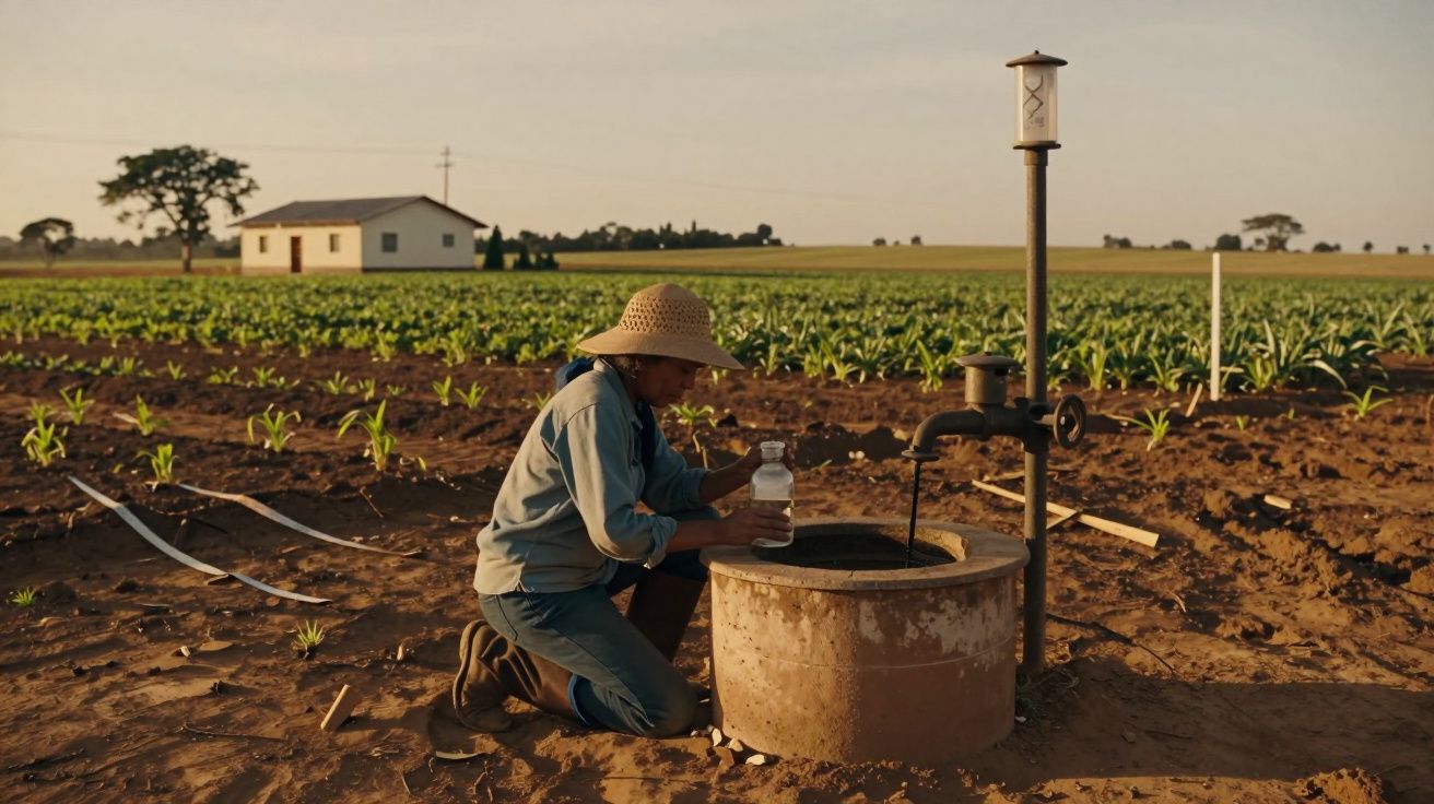 Agricultor recolhe água de um poço em campo agrícola com plantações e casa ao fundo, sob céu limpo.