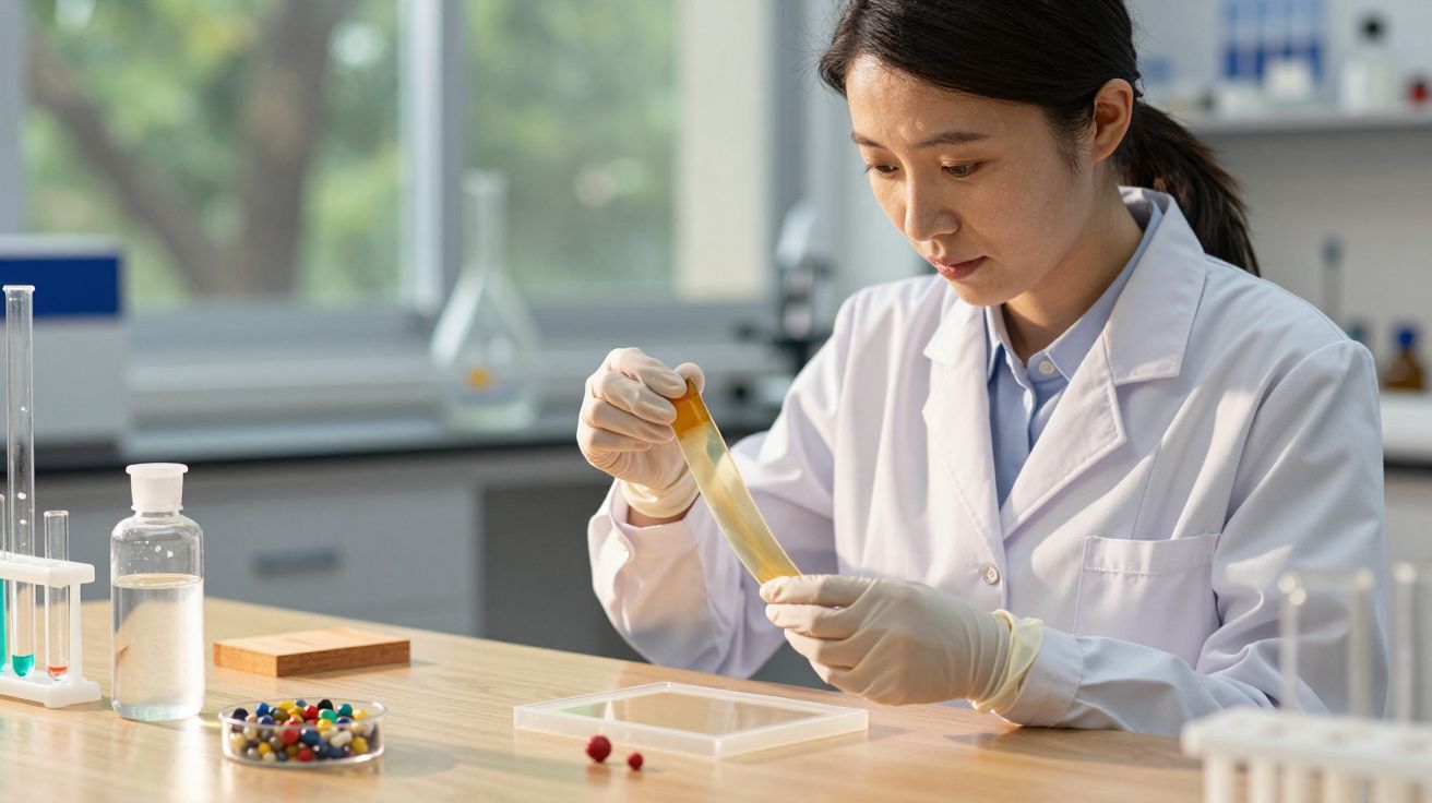Cientista num laboratório analisa amostra em tubo de ensaio, rodeada por frascos e materiais de investigação.