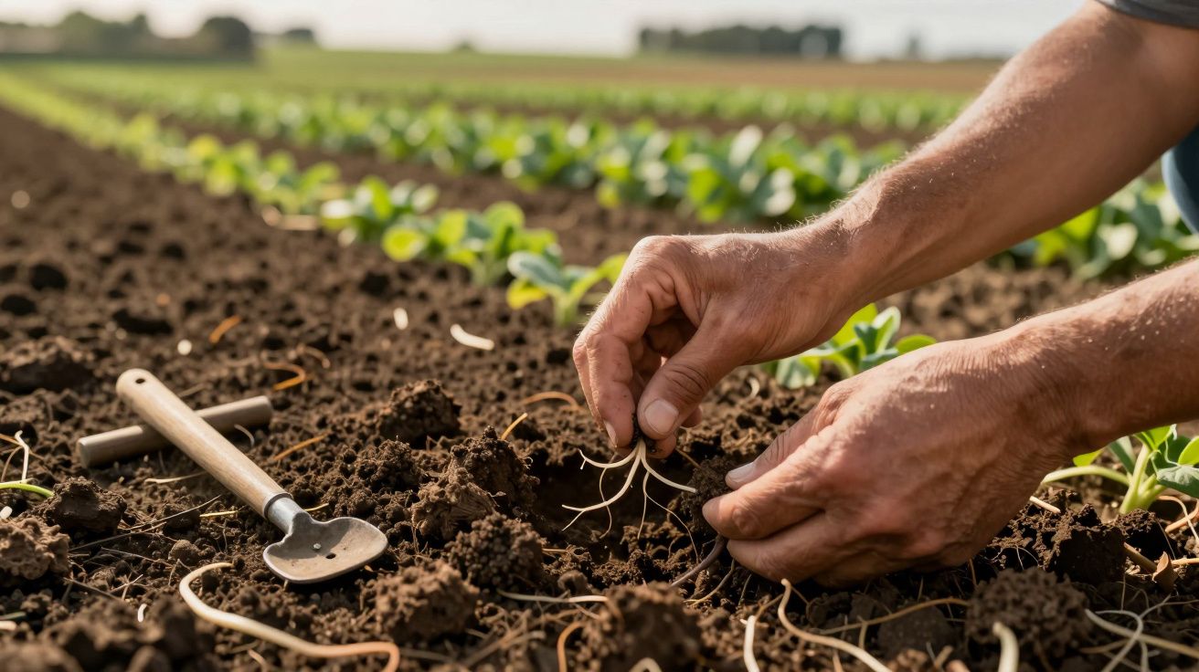 Mãos cuidando de mudas em solo fértil, com utensílio agrícola ao lado, campo cultivado ao fundo.