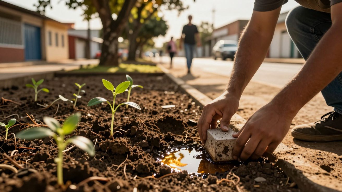 Pessoa plantando mudas numa calçada ao pôr do sol, com água refletindo a luz.