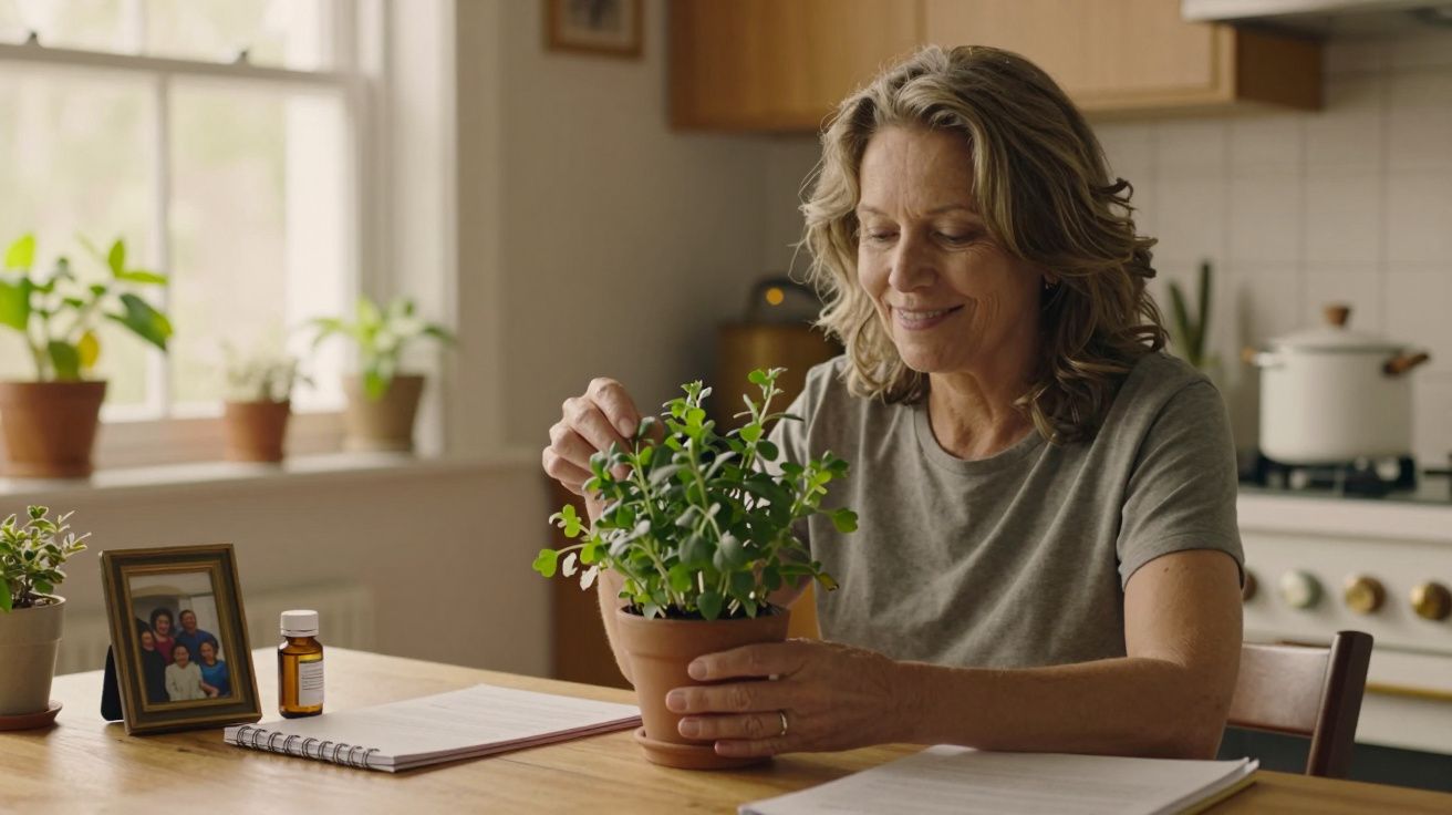 Mulher sorridente cuida de uma planta num vaso em cima da mesa da cozinha, com luz natural ao fundo.