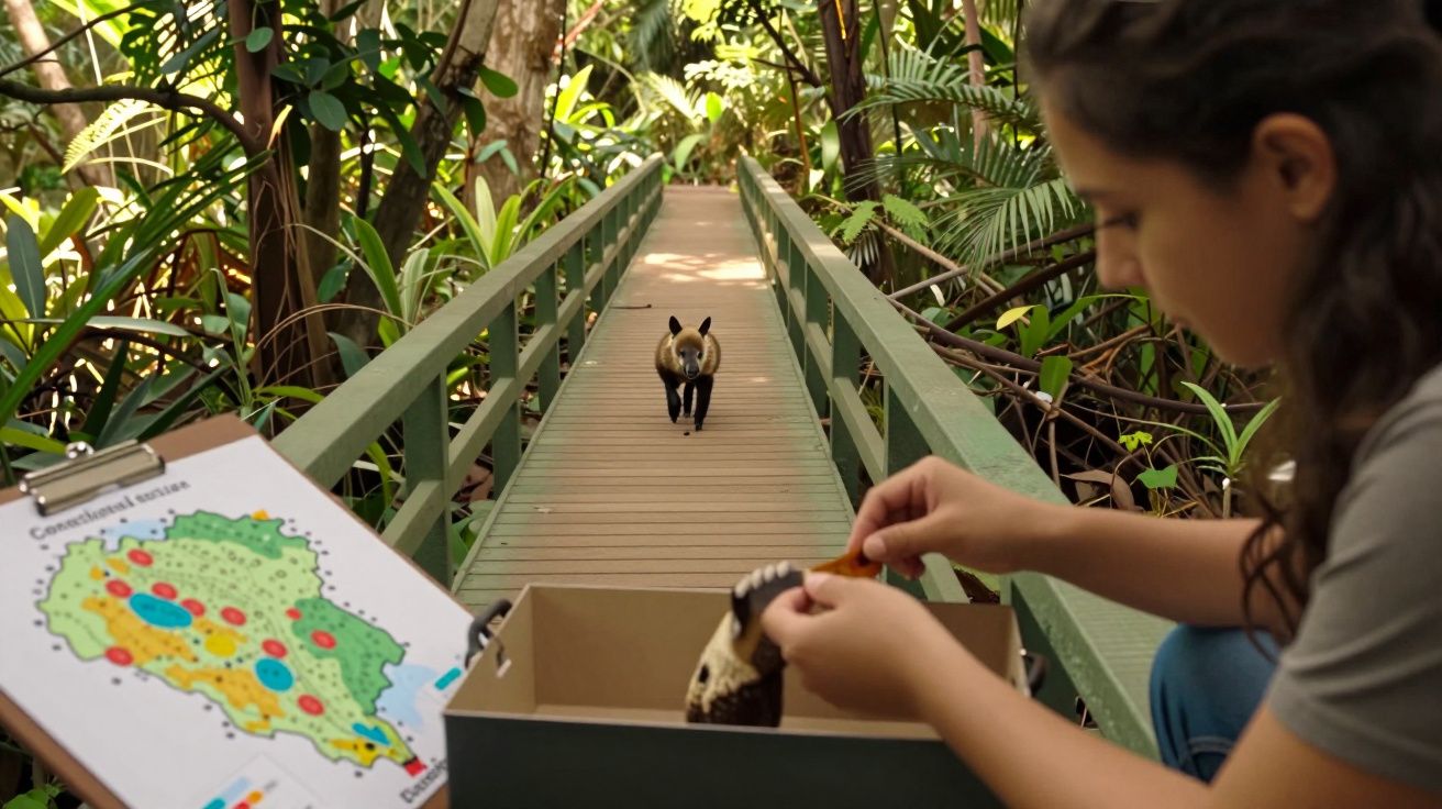 Menina sentada numa passarela na selva organiza caixa com mapa e concha; animal avança ao fundo.