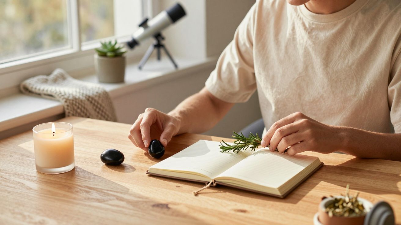 Pessoa a usar raminho de alecrim num caderno, com pedra preta e vela em mesa de madeira. Telescópio e planta ao fundo.