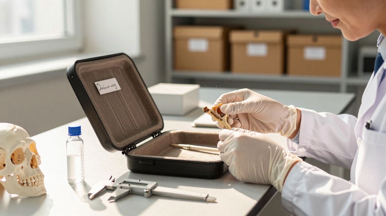Cientista analisa um osso humano com luvas, junto a um crânio e instrumentos de medição numa mesa de laboratório.