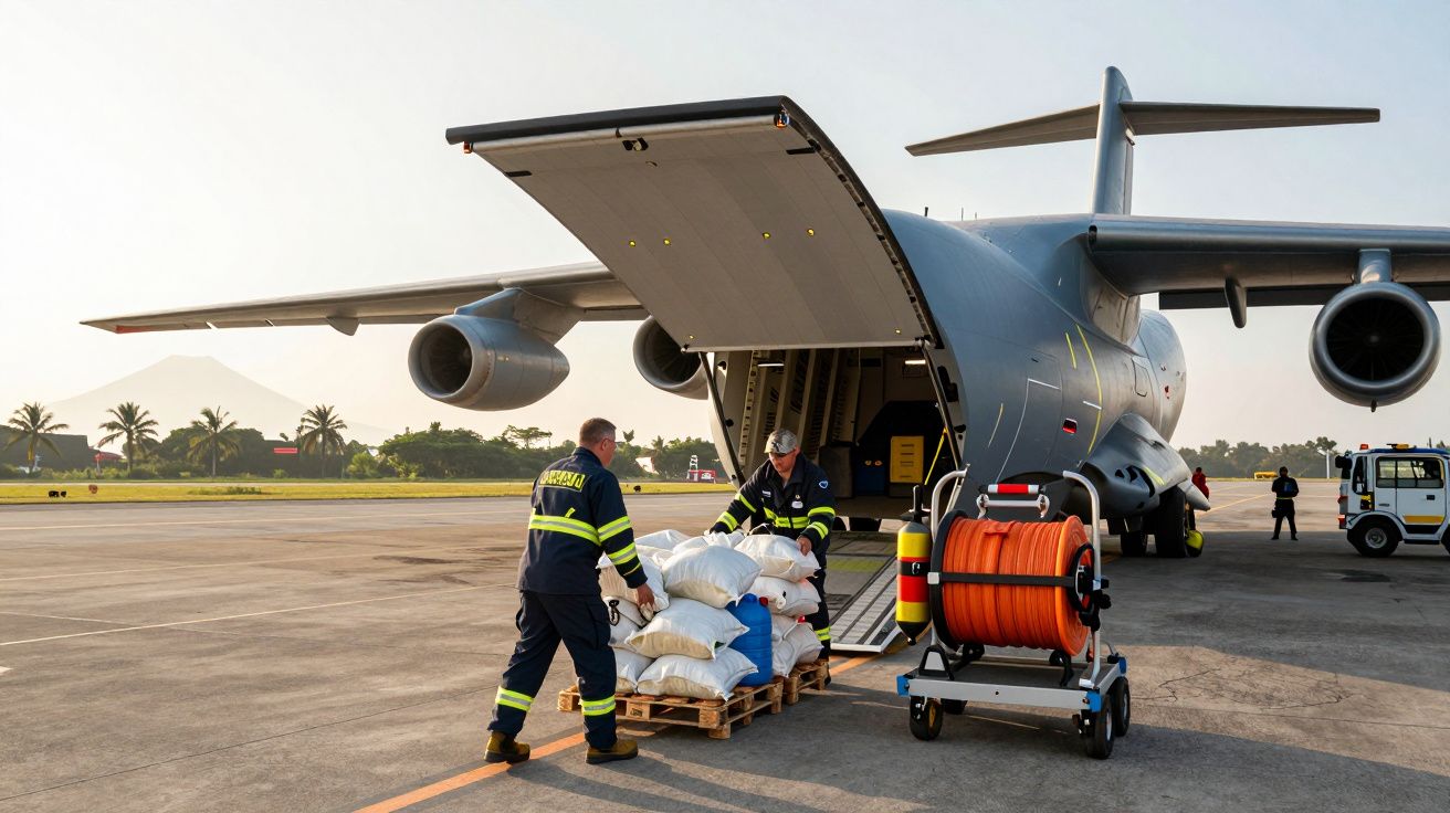 Avião de carga sendo carregado com sacos por dois homens em uniforme na pista de um aeroporto. Montanha ao fundo.