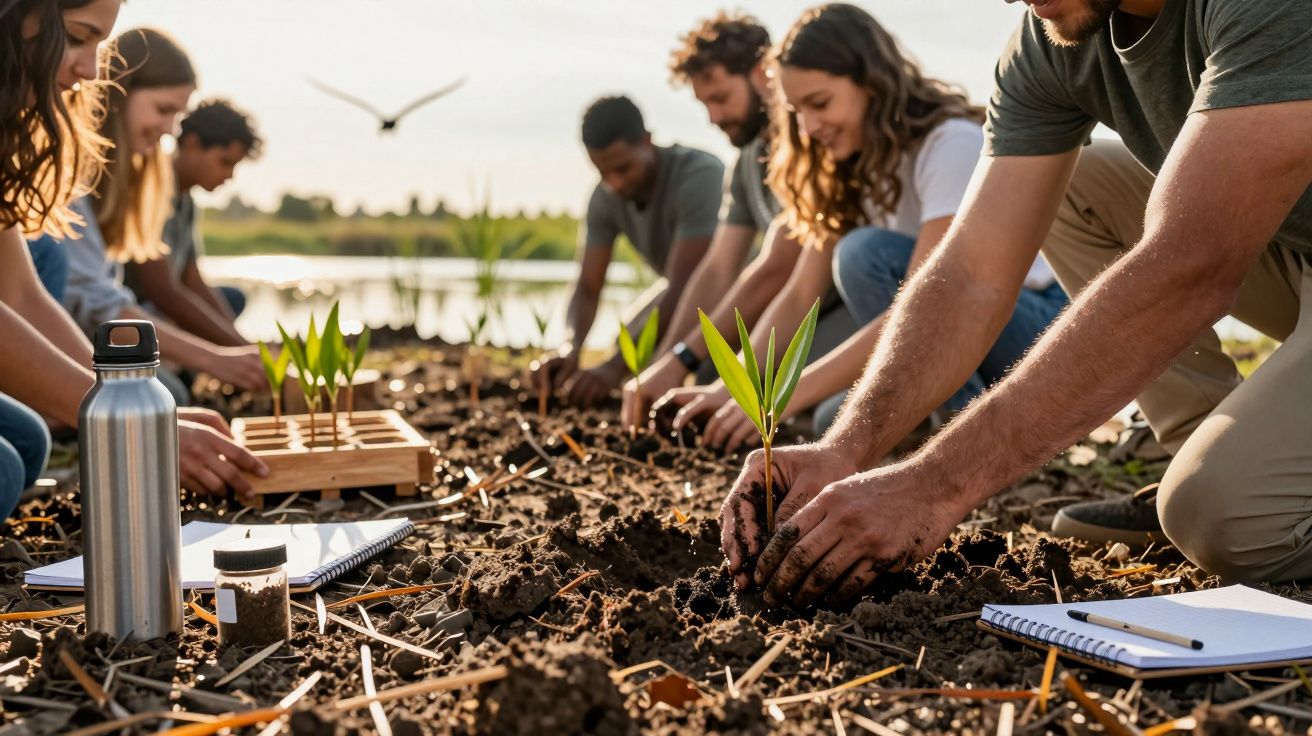Grupo de pessoas a plantar mudas num solo fértil junto a um lago, com cadernos e garrafa por perto.
