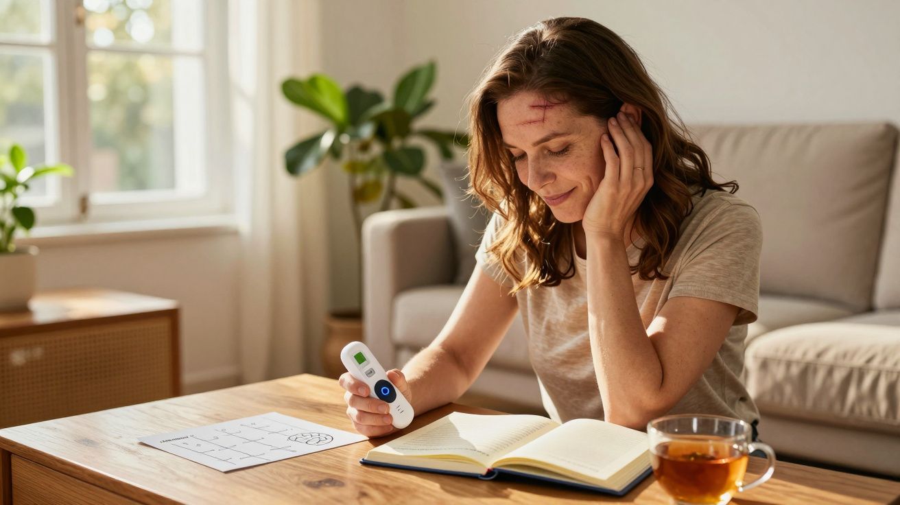 Mulher sorridente segura dispositivo, sentada à mesa com chá, caderno aberto e planta ao fundo.