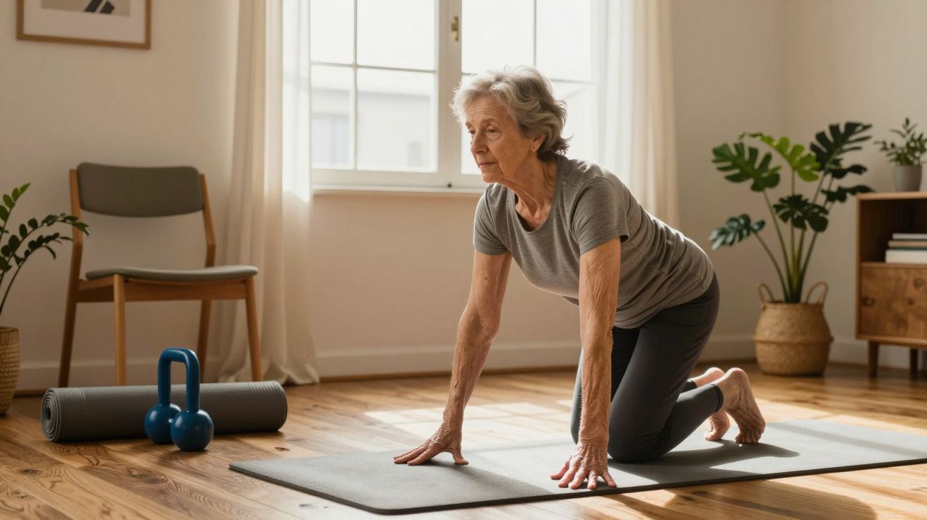 Mulher idosa a fazer yoga em tapete numa sala iluminada, com plantas e equipamento de exercício ao fundo.