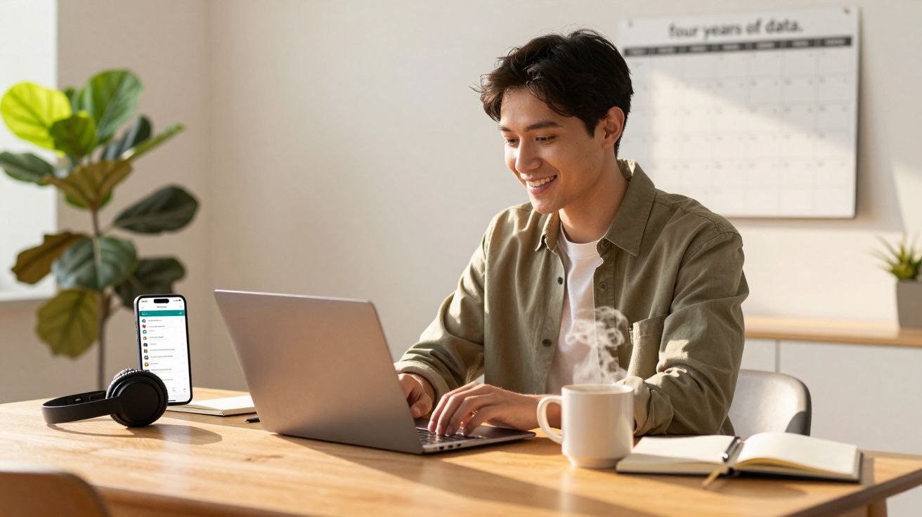 Homem sorridente a trabalhar num portátil numa mesa com auscultadores, telemóvel, caderno e chávena de café.