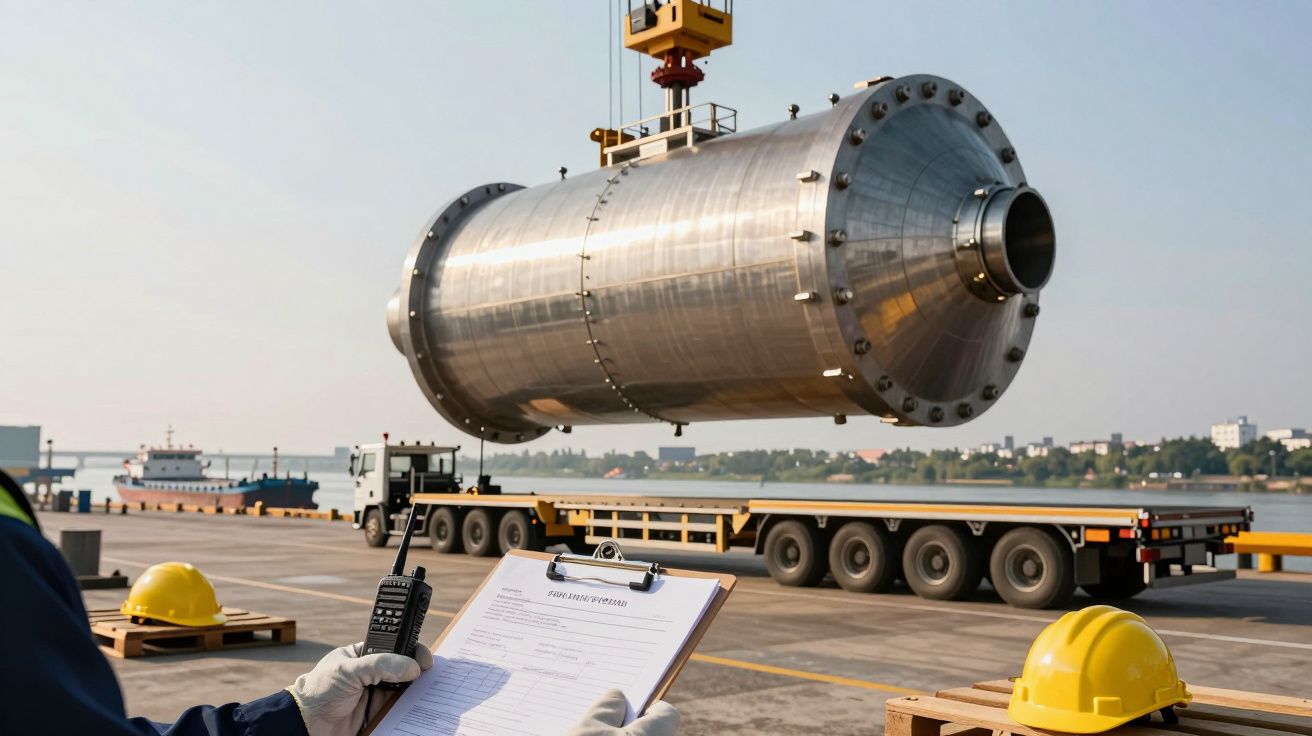 Funcionário observa guindaste movimentar cilindro metálico em cais, com prancheta e rádio em mãos, capacetes no chão.