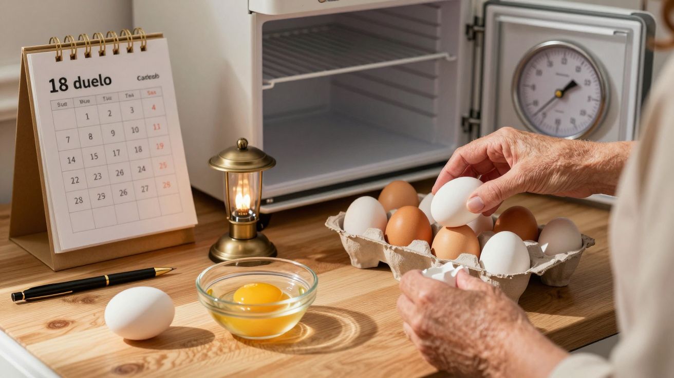 Mãos retiram ovos de uma caixa ao lado de calendário, lanterna e frigorífico aberto numa mesa de madeira.