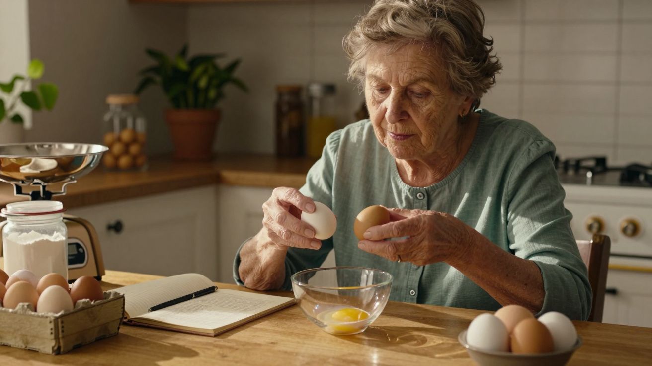 Idosa de cabelo grisalho quebra ovos numa tigela na cozinha, com um caderno aberto ao lado.