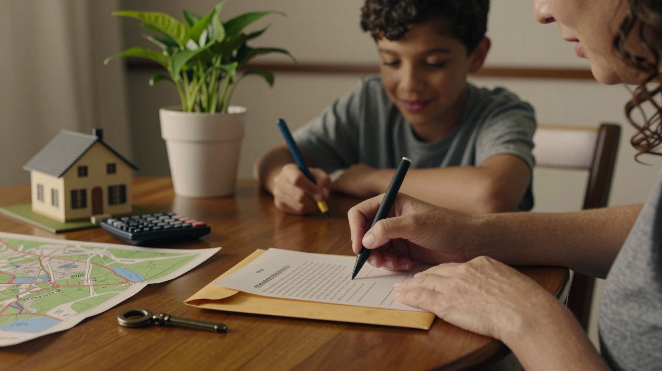 Mulher e criança escrevem em mesa com planta, modelo de casa, calculadora e mapa.