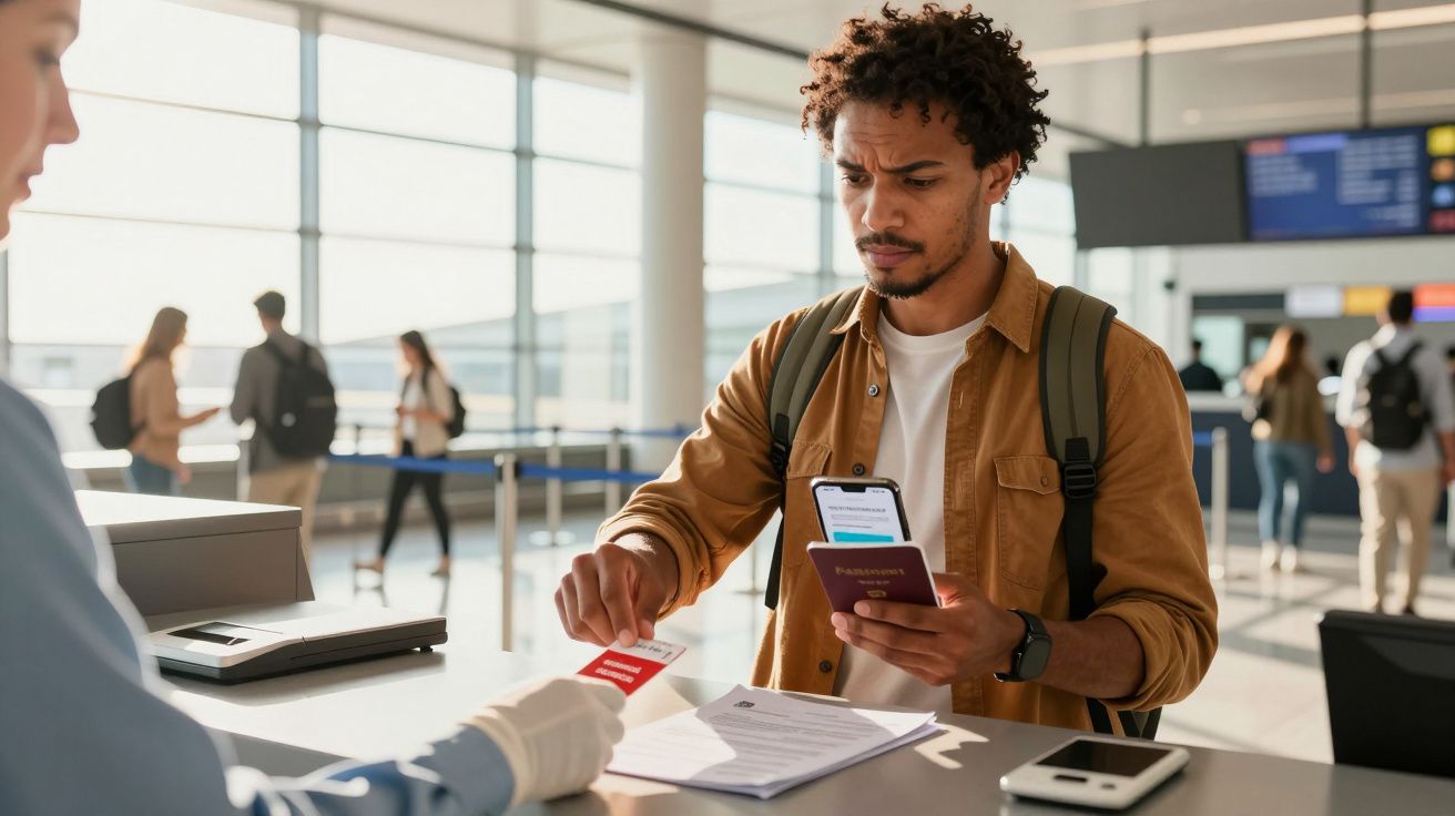 Homem no balcão do aeroporto com passaporte e smartphone, entregando cartão a funcionário para verificação de documentos.